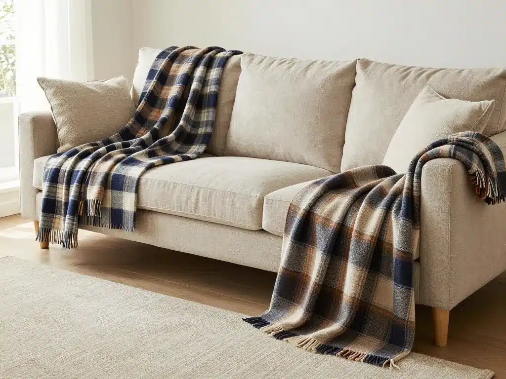 différents plaids pour grand canapé sur sofa