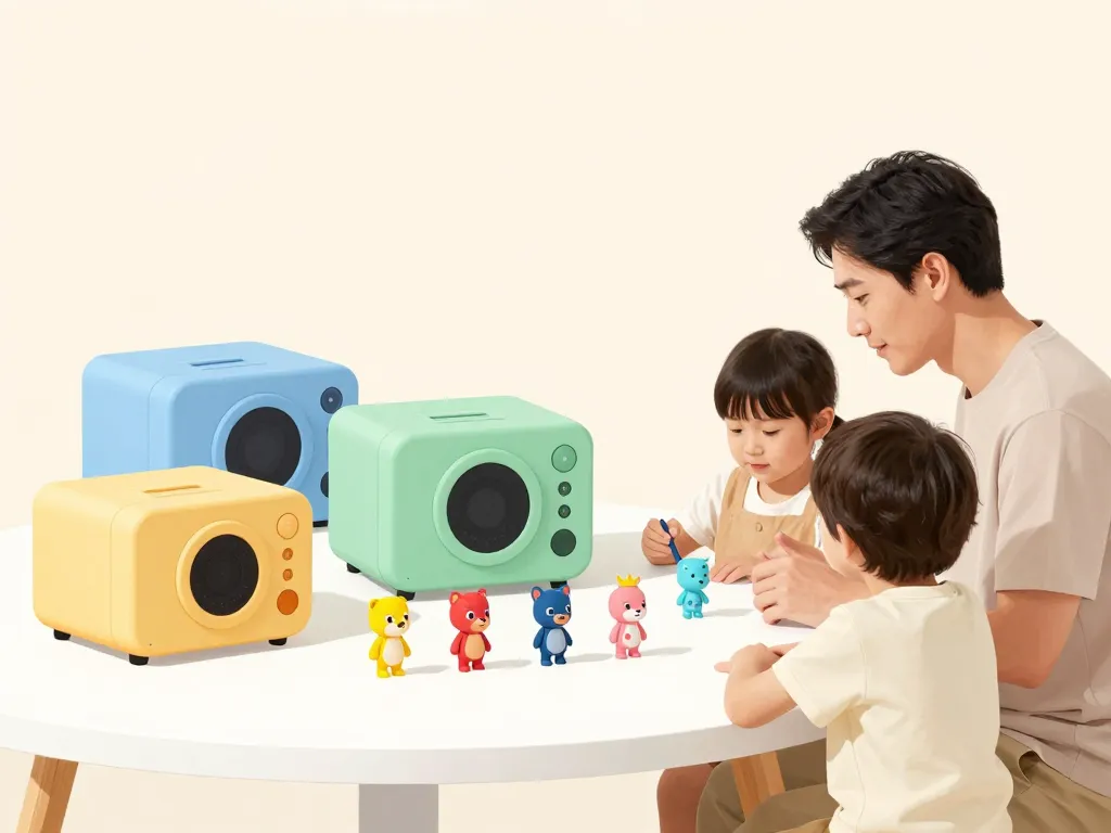 Parent et enfant comparent plusieurs tonieboxes et figurines