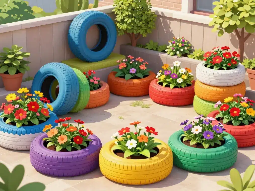 Deco exterieur avec des pneus utilises en jardiniere