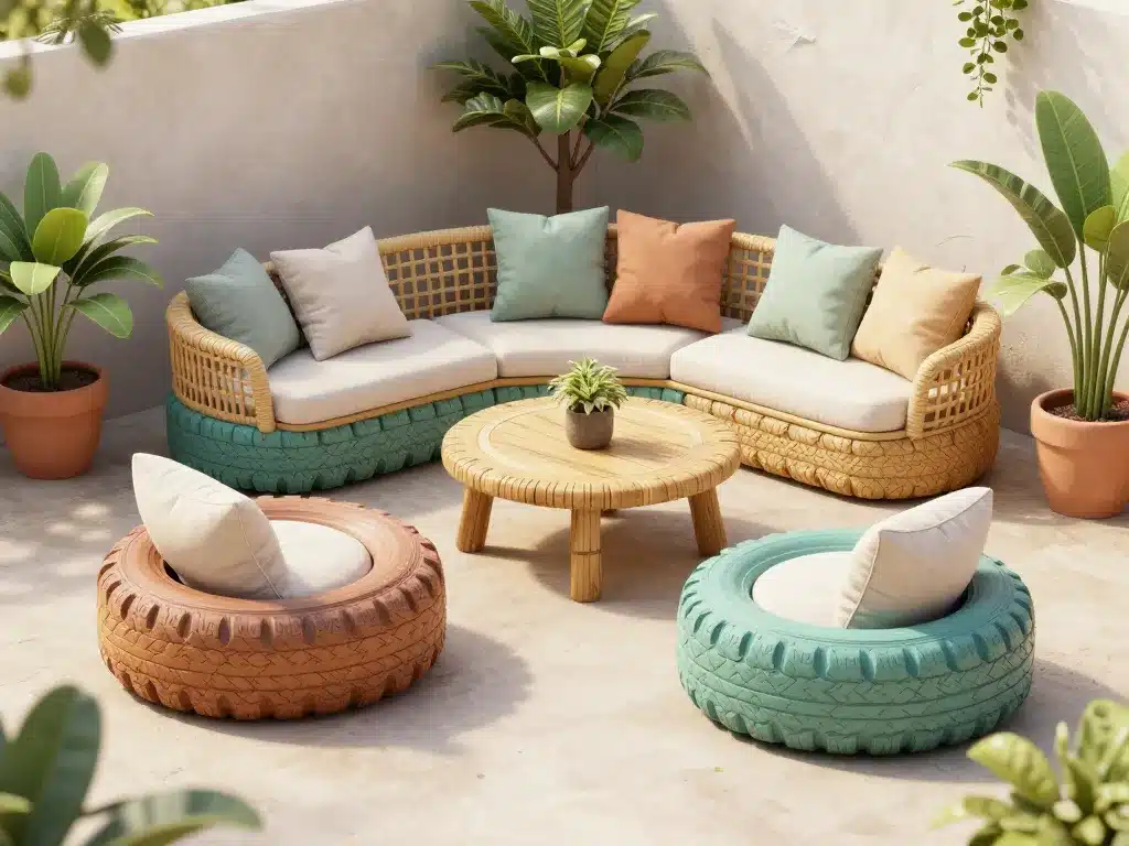 Deco exterieur avec des pneus decores en meubles de jardin