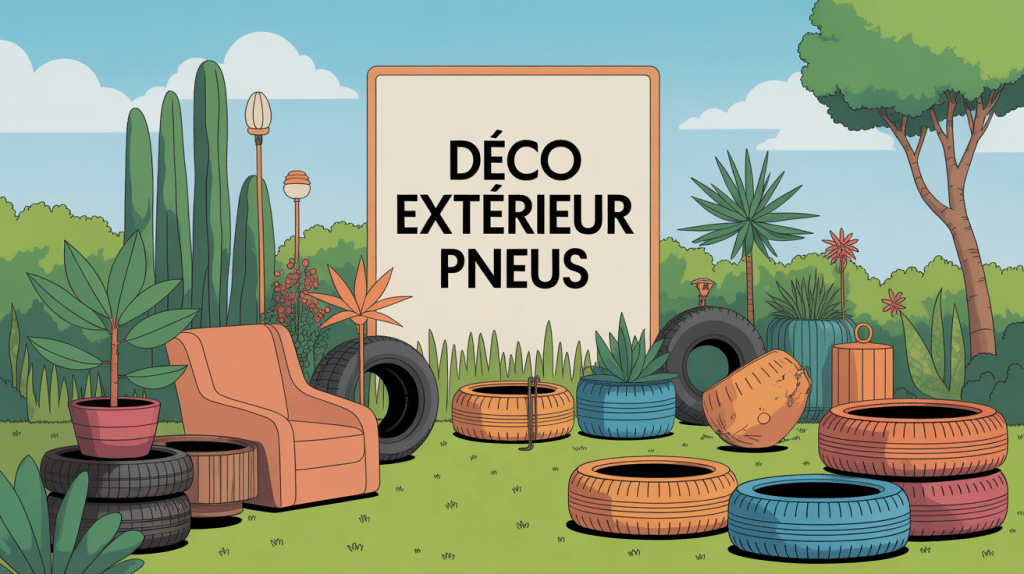 Deco exterieur avec des pneus transformes en elements decoratifs