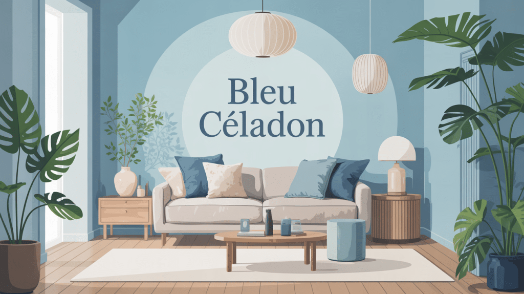 Salon design avec murs bleu céladon, meubles bois clair et plantes