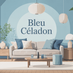 Salon design avec murs bleu céladon, meubles bois clair et plantes
