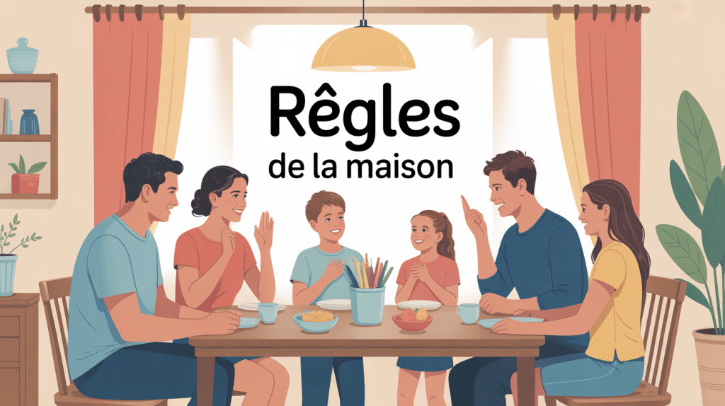 Famille discutant des règles de la maison autour d'une table