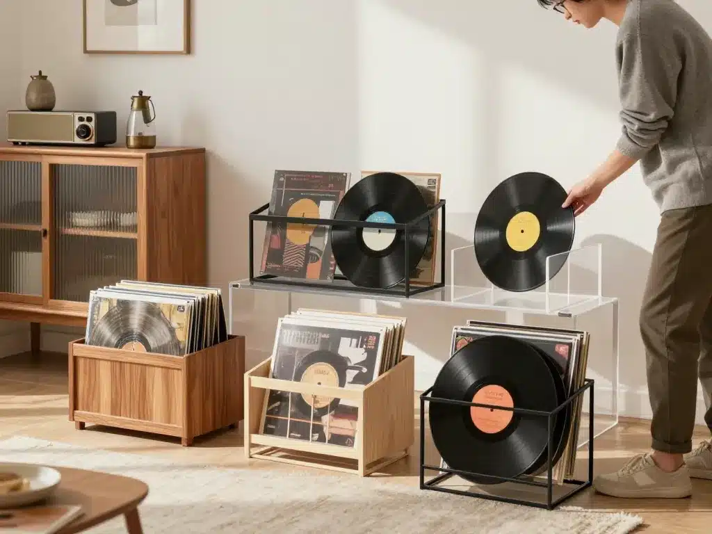 porte vinyle bois métal acrylique dans salon tendance