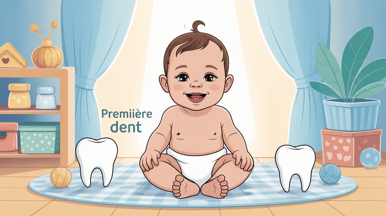 Premiere photo dent qui perce, bebe sur plaid sourire et ambiance familiale