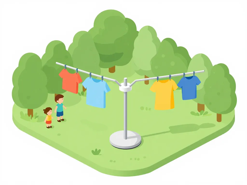 Séchoir parapluie Lidl dans un jardin avec linge et famille, vue angle large