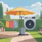 Séchoir parapluie Lidl en jardin, linge coloré, ambiance conviviale