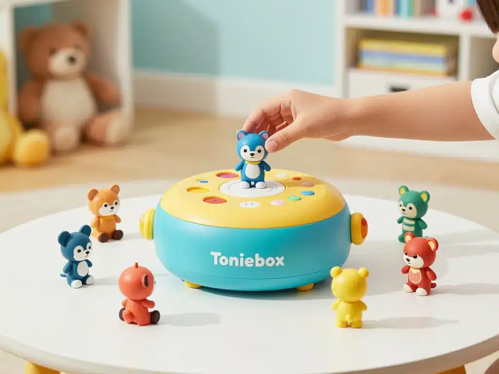 Enfant joue avec tonieboxes et figurines