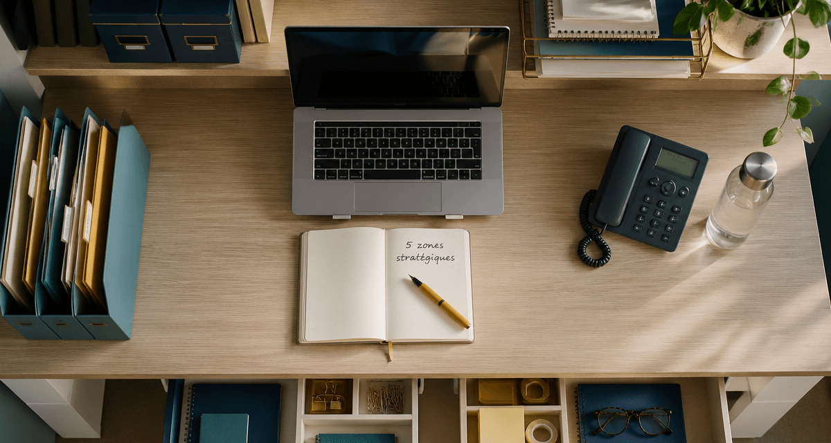 organiser un bureau avec 5 zones distinctes vue dessus