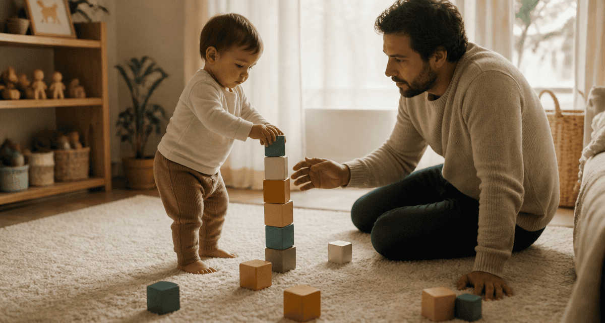 16 mois bebe empile cubes avec parent