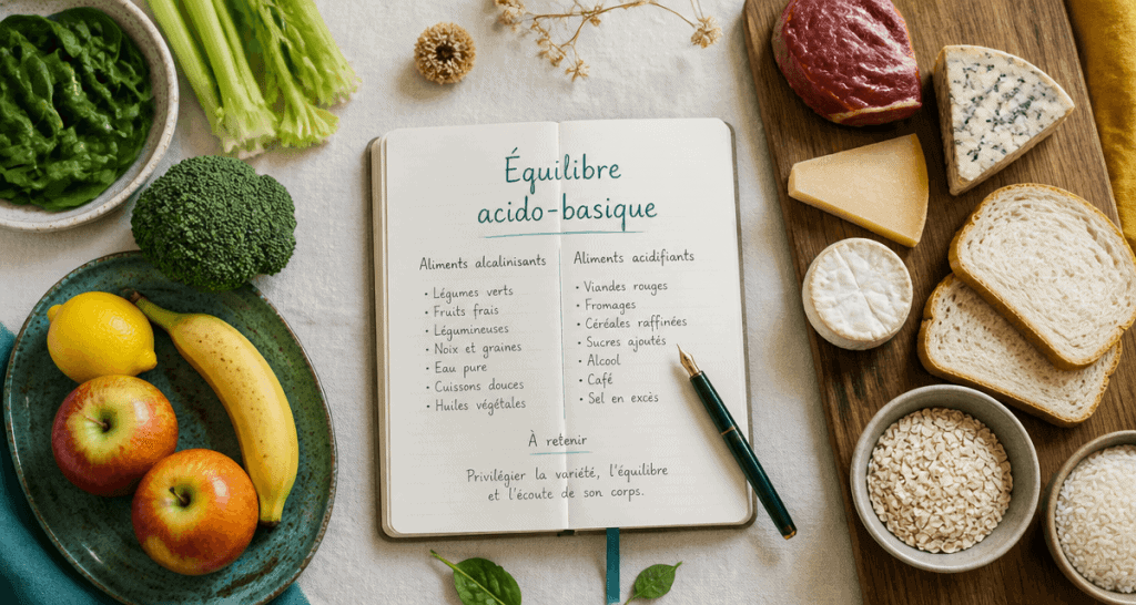 Aliment acide ou basique sur table en flat-lay