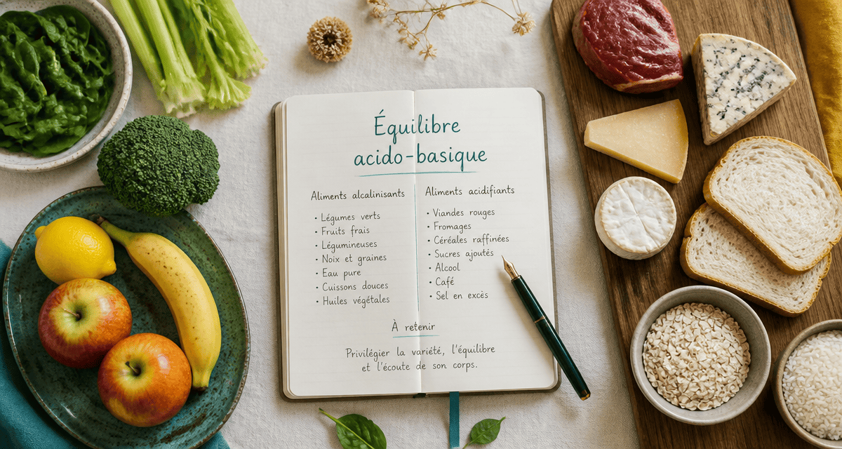 Aliment acide ou basique sur table en flat-lay