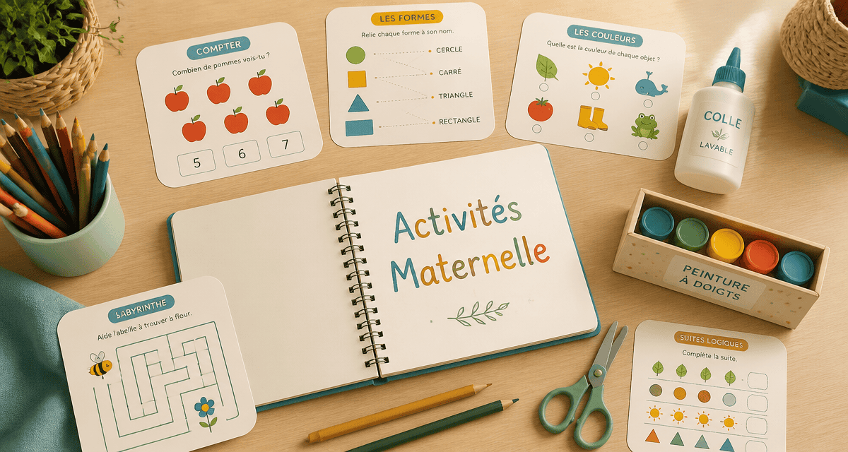 Bureau d'activité maternelle avec fiches et fournitures
