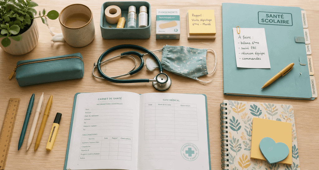 Bureau infirmiere scolaire avec carnet sante et stethoscope