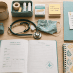 Bureau infirmiere scolaire avec carnet sante et stethoscope
