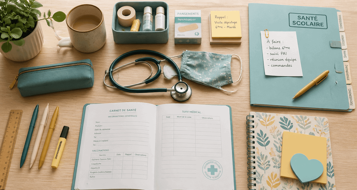 Bureau infirmiere scolaire avec carnet sante et stethoscope