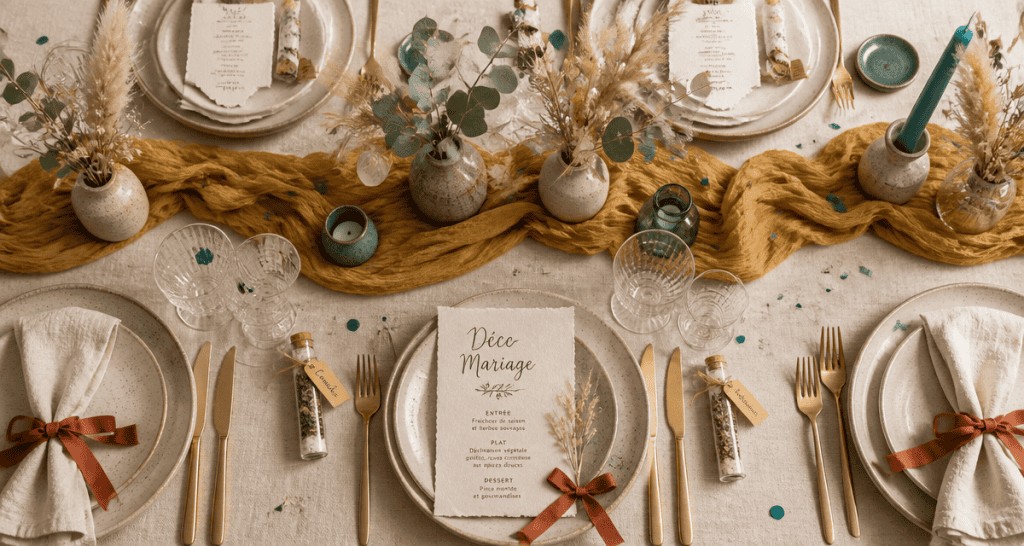 Decos de mariage table élégante avec fleurs et accessoires