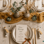 Decos de mariage table élégante avec fleurs et accessoires