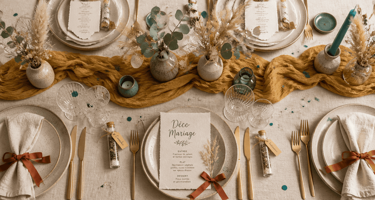 Decos de mariage table élégante avec fleurs et accessoires