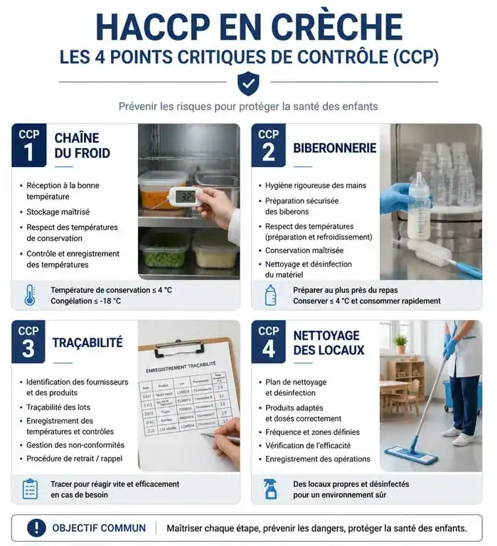 Infographie des points critiques de contrôle HACCP en crèche