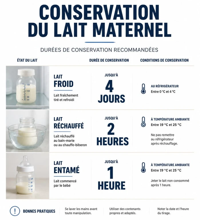 Infographie des durées de conservation du lait maternel sorti du frigo