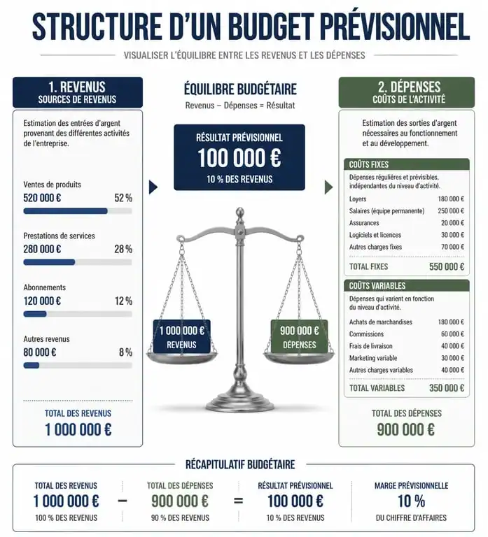 Schéma de la structure d'un budget prévisionnel d'entreprise