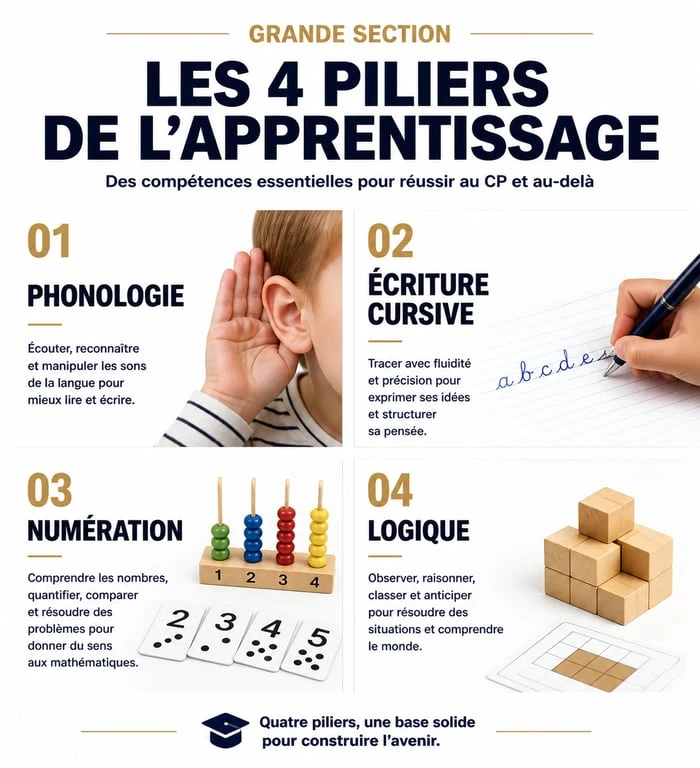 Infographie des compétences clés en grande section de maternelle pour les exercices scolaires