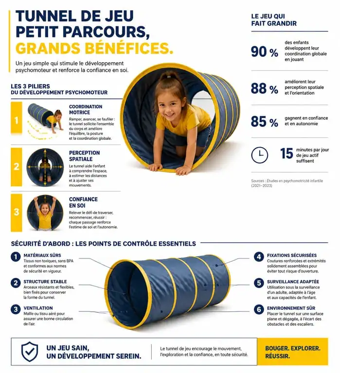 Infographie des bienfaits et conseils de sécurité pour l'utilisation d'un tunnel enfant