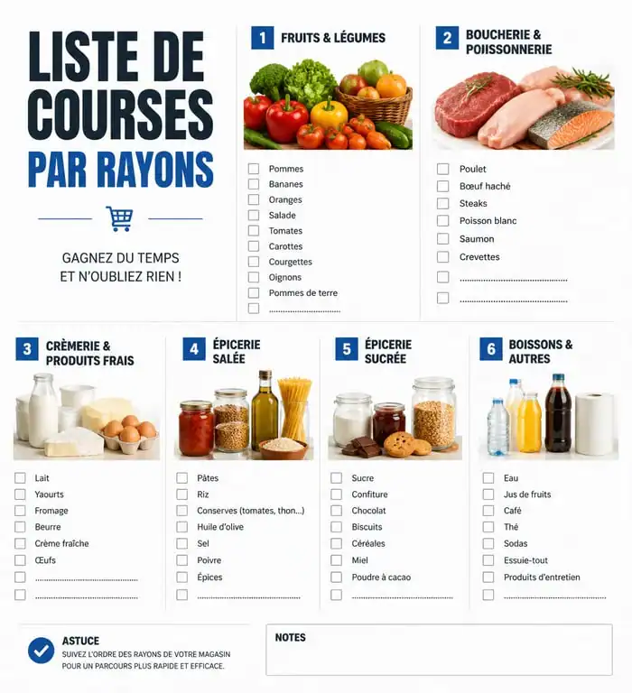 Infographie organisant une liste de courses alimentaires par rayons pour optimiser ses achats.