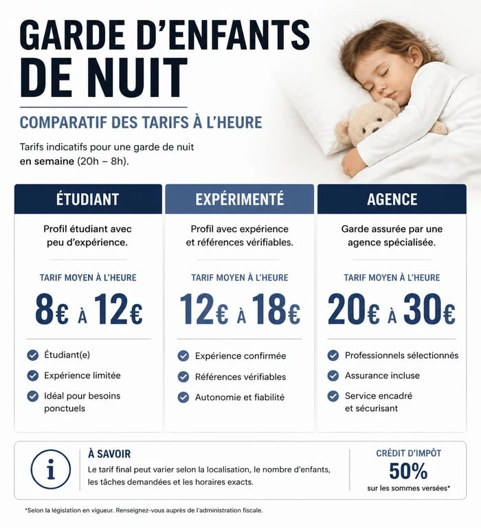 Infographie des tarifs moyens pour une baby-sitter de nuit selon le profil