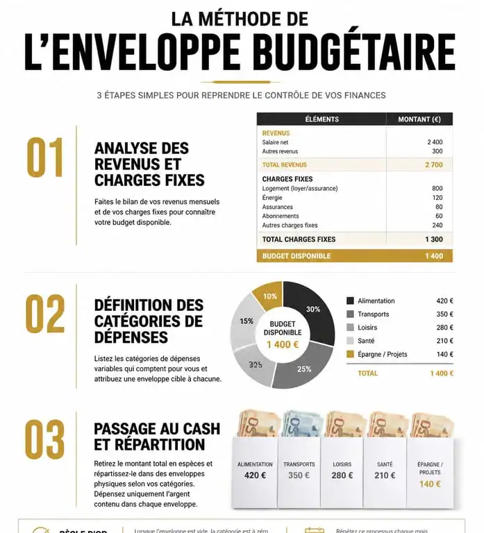 Infographie illustrant les étapes de la méthode de l'enveloppe budgétaire pour gérer ses finances personnelles
