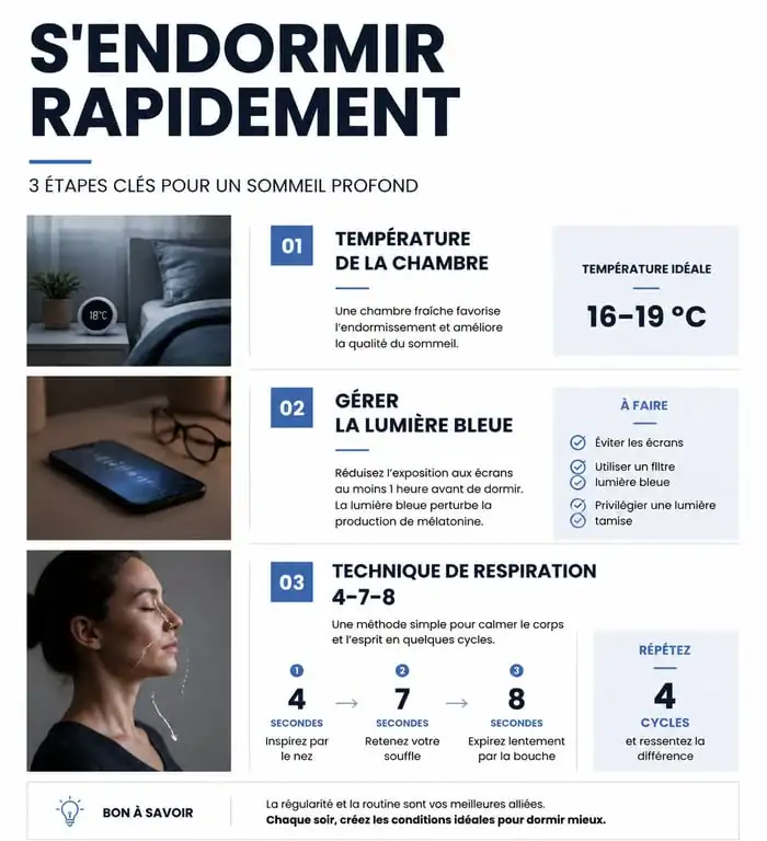 Infographie des conseils pour s'endormir rapidement et améliorer son sommeil
