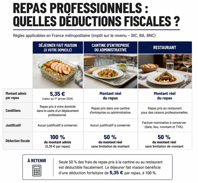 Infographie des règles de déduction fiscale des frais réels de repas pour la gamelle, la cantine et le restaurant