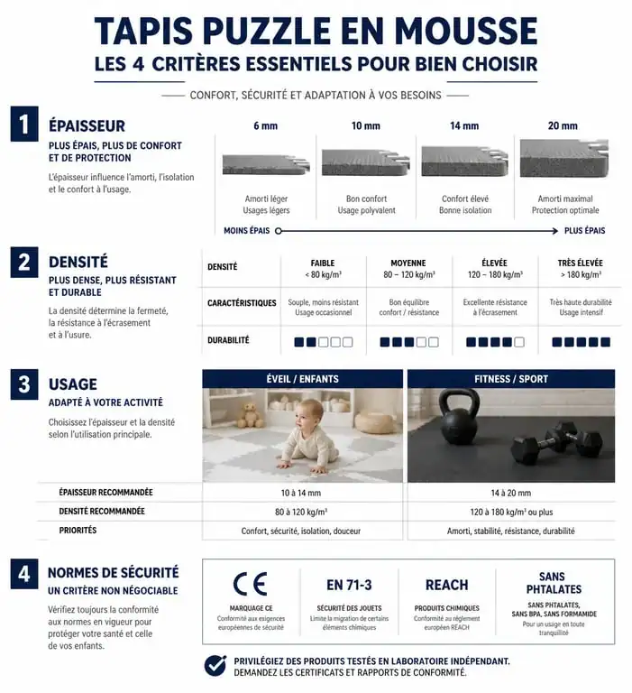 Infographie comparative des critères de choix pour tapis puzzle en mousse enfant et fitness
