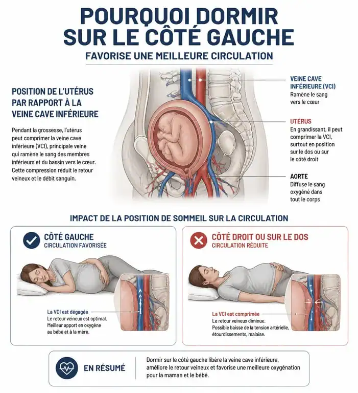 Schéma explicatif de la position de sommeil idéale pendant la grossesse sur le côté gauche