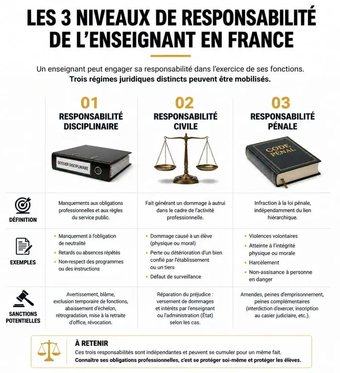 Infographie des trois niveaux de responsabilité d'un professeur en cas de comportement rabaissant envers un élève
