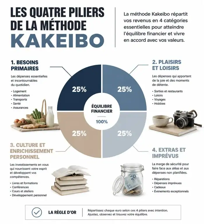 Infographie des 4 piliers de la méthode Kakeibo pour la gestion budgétaire