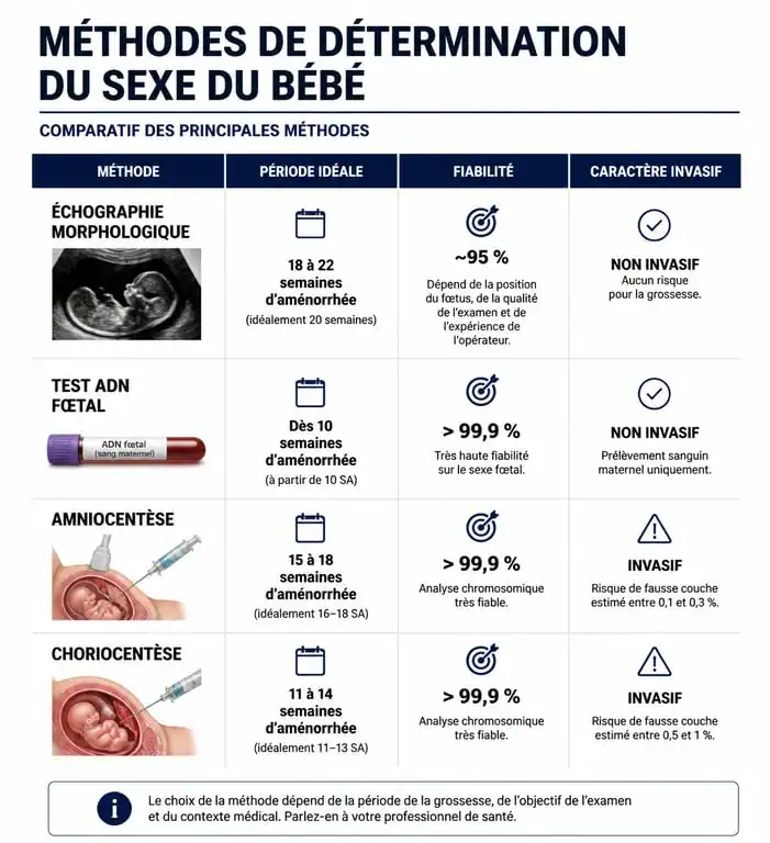 Tableau comparatif des méthodes médicales pour connaître le sexe du bébé