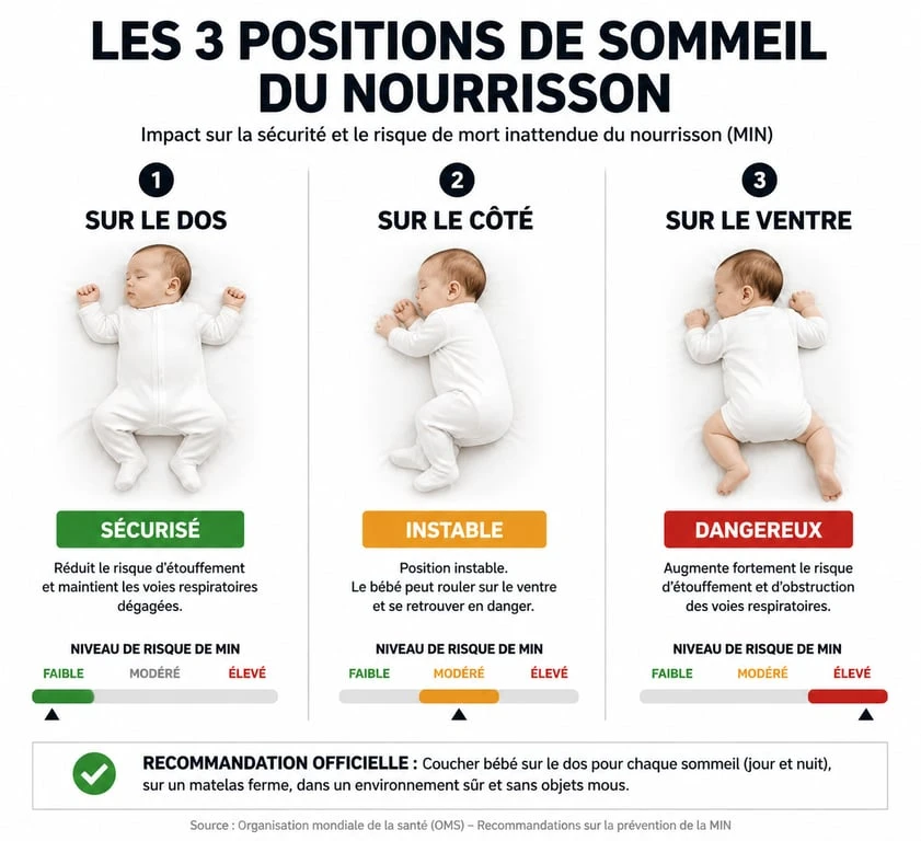 Infographie sur les positions de sommeil sécurisées pour bébé : pourquoi le dos est la seule position recommandée