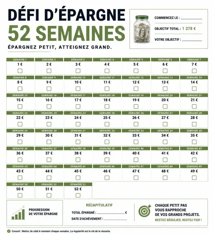 Modèle de défi budget 52 semaines à imprimer pour économiser de l'argent