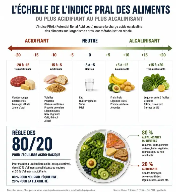 Infographie sur l'indice PRAL et l'équilibre acido-basique des aliments