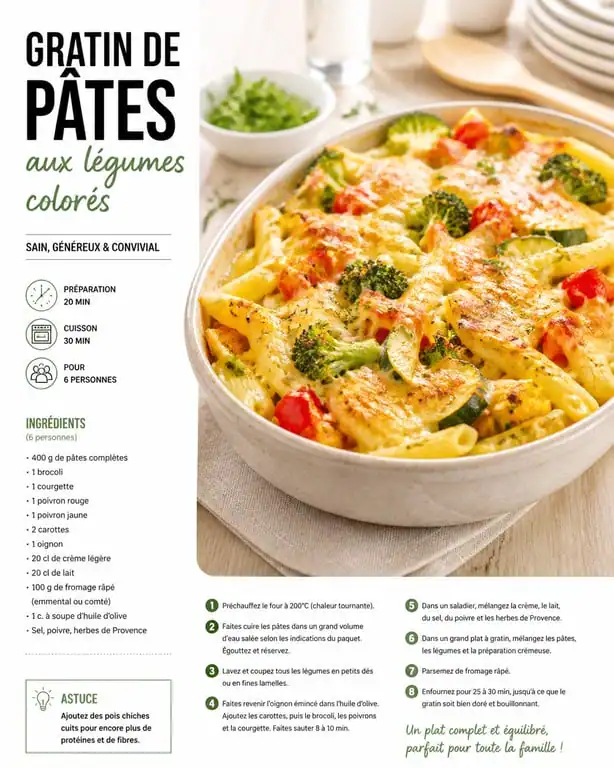 Menu famille semaine : gratin de pâtes aux légumes pour un repas équilibré