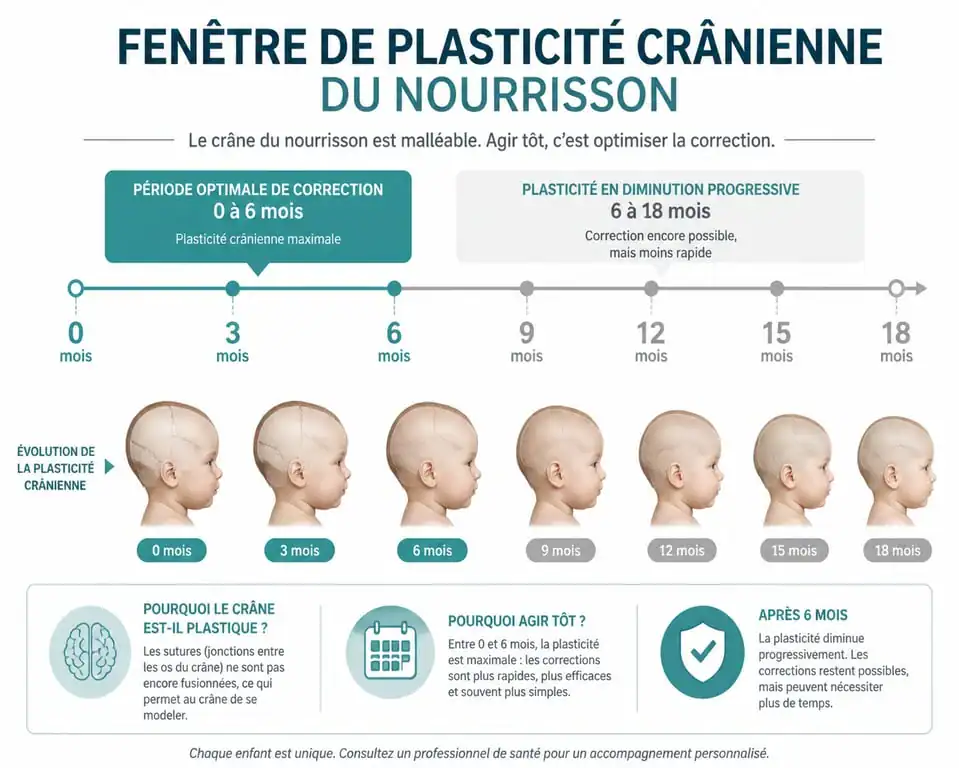 Infographie sur la fenêtre de plasticité crânienne et la correction de la tête plate chez le nourrisson