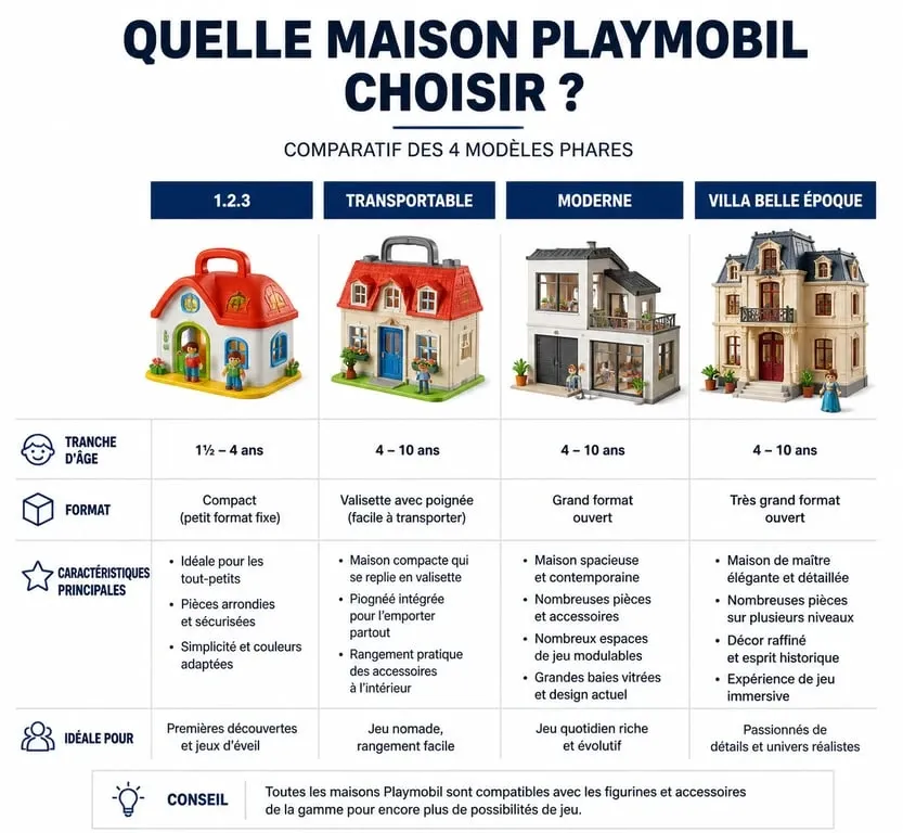 Infographie comparative des modèles de maisons Playmobil pour choisir la meilleure maison Playmobil