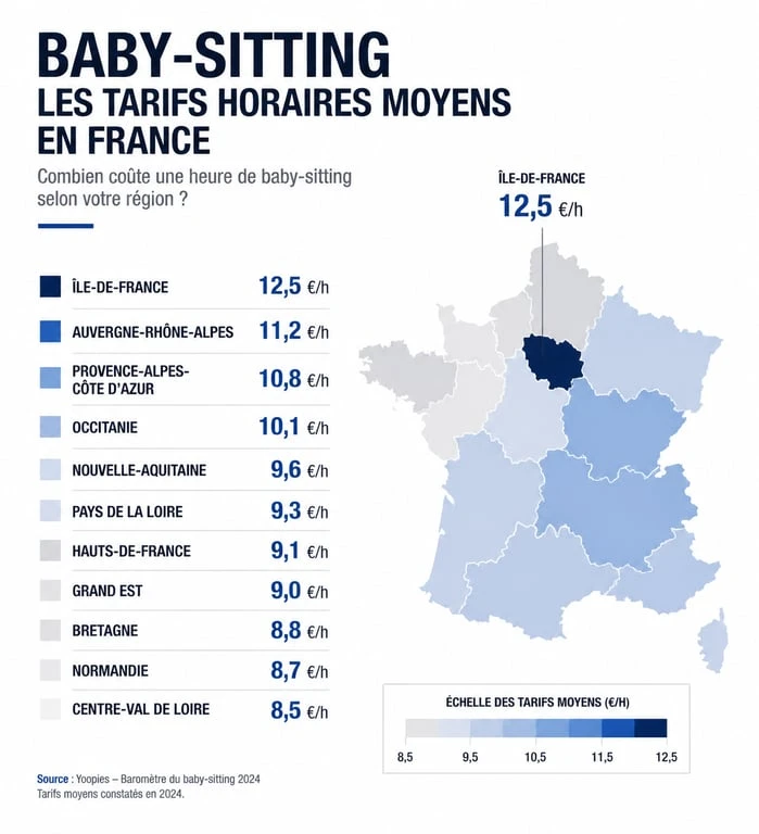 Infographie des tarifs horaires moyens de baby-sitting en France pour savoir combien payer sa babysitter