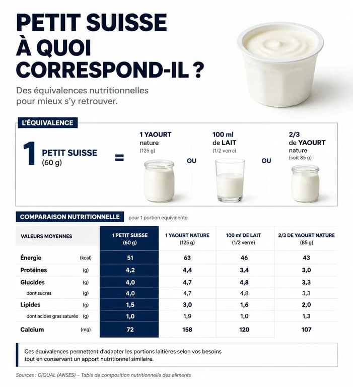 Infographie des équivalences nutritionnelles pour savoir combien de petits suisses consommer par jour