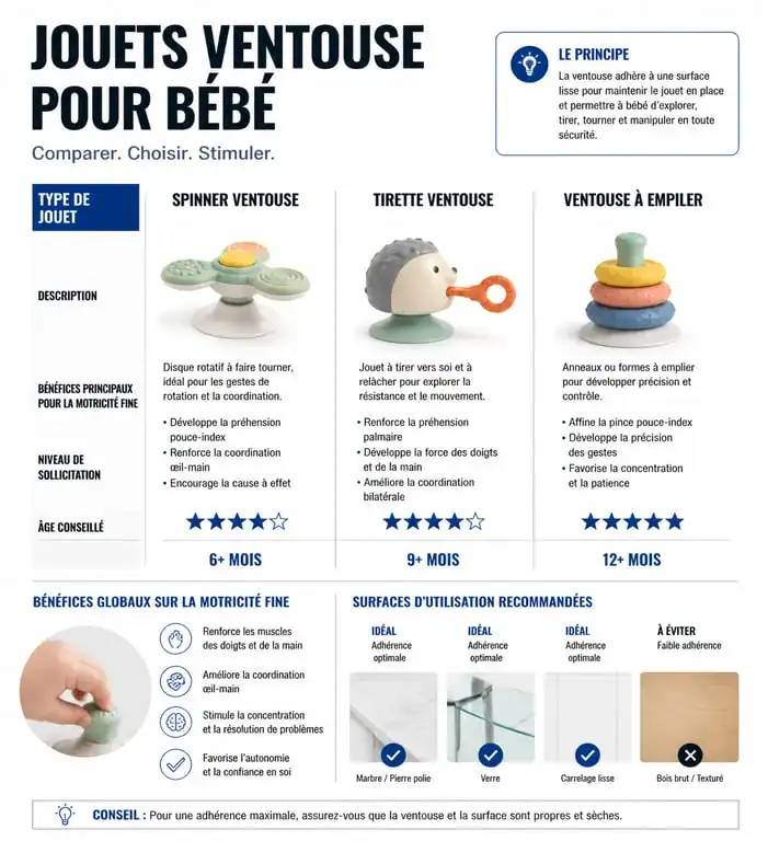 Infographie comparative des jouets ventouse pour bébé et leurs bénéfices