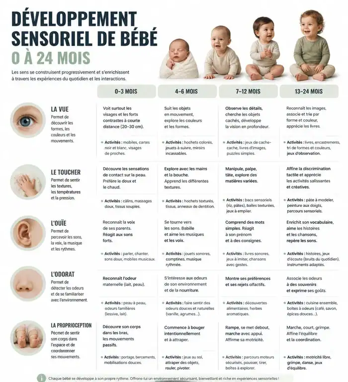 Infographie des étapes du développement et jeux sensoriels pour bébé