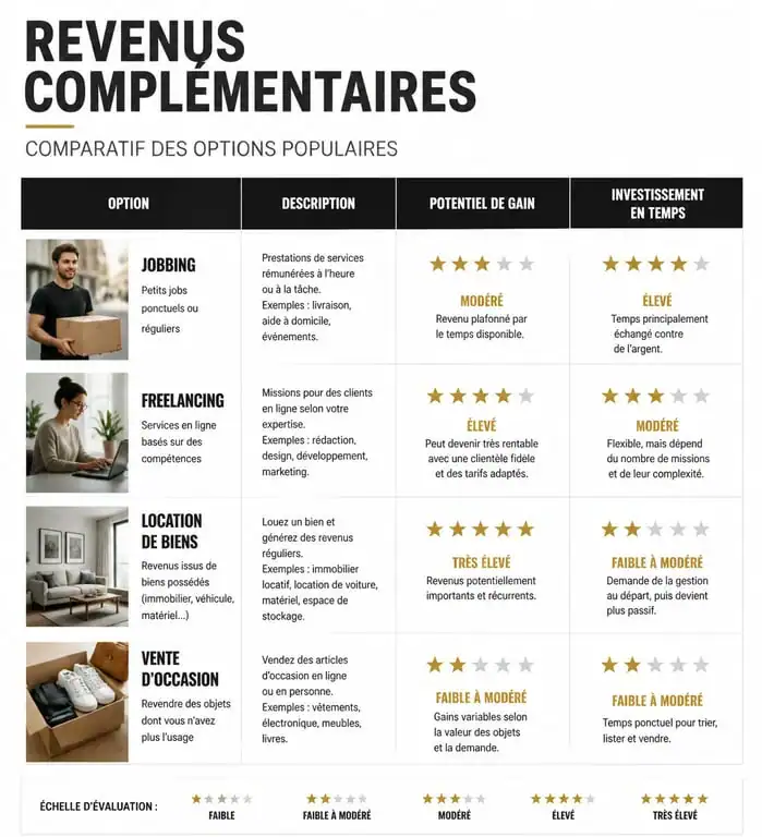 Tableau comparatif des différentes solutions pour générer des revenus complémentaires : jobbing, freelancing, location et vente.